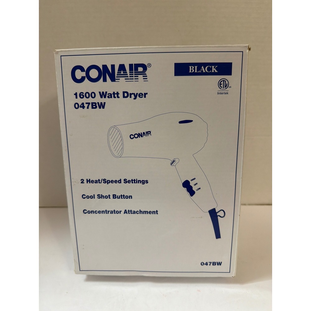 Conair 1600 Watt Dryer 047BW Black Hair Blow Dryer with Concentrator Attachment